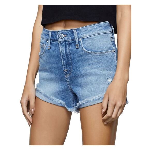 GOOD AMERICAN Womens Blue Stretch Zippered Pocketed Hem High Waist Shorts 00\24